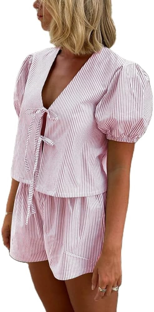 Yuemengxuan Women Striped Casual Lounge Set 2 Piece Pajamas Set Short Puff Sleeve Tie front Shirt... | Amazon (US)