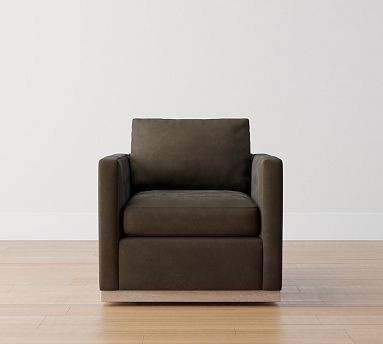 Jake Leather Swivel Armchair with Wood Base | Pottery Barn (US)