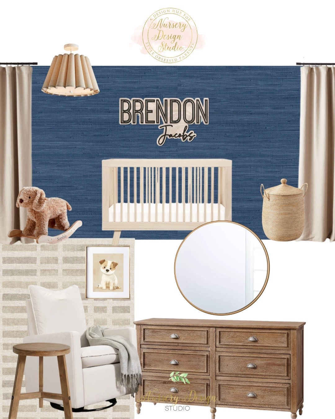 A classic boy nursery built around navy and warm wood . The textured grasscloth wallpaper gives the room depth, while the washed wood crib, traditional dresser, creamy swivel glider, neutral rug, and puppy artwork keep it timeless and collected. Shop Brendon’s nursery below.

#LTKBaby #LTKBump #LTKKids