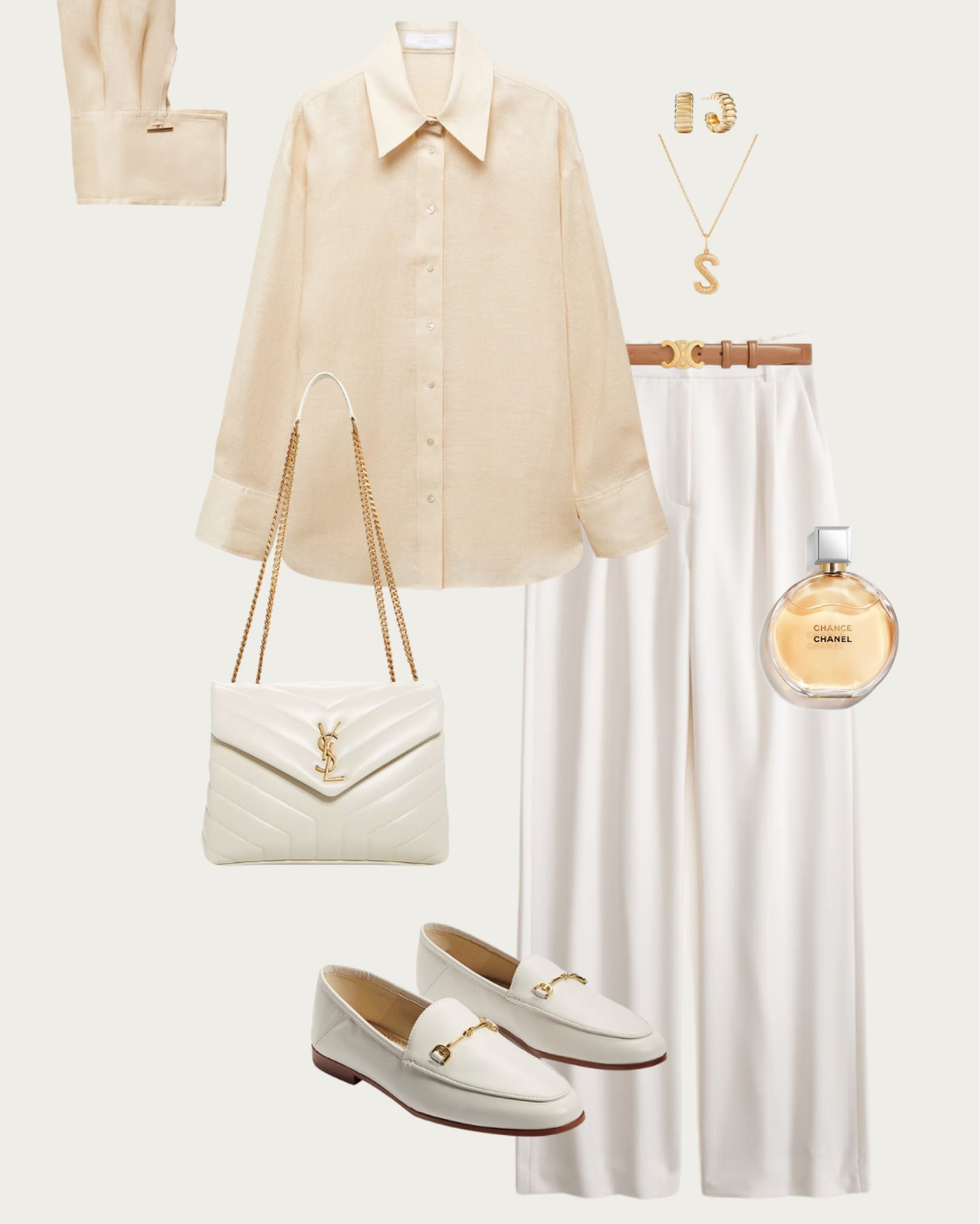Discover elegance in simplicity with this outfit featuring a delicate beige shirt paired with flowing white trousers. Complemented by a quilted cream crossbody bag and classic white loafers, this look epitomizes grace and style. Perfect for a day out or a refined evening occasion. Enhance your charm with a hint of Chanel's signature scent. Explore more timeless outfits on my LTK page! #NeutralStyle #SophisticatedChic #FashionEssentials #MinimalistWardrobe #OOTD #ElegantStyle #NeutralFashion #TimelessElegance #ChicOutfits #LTKstyle

#LTKStyleTip #LTKSeasonal #LTKTravel
