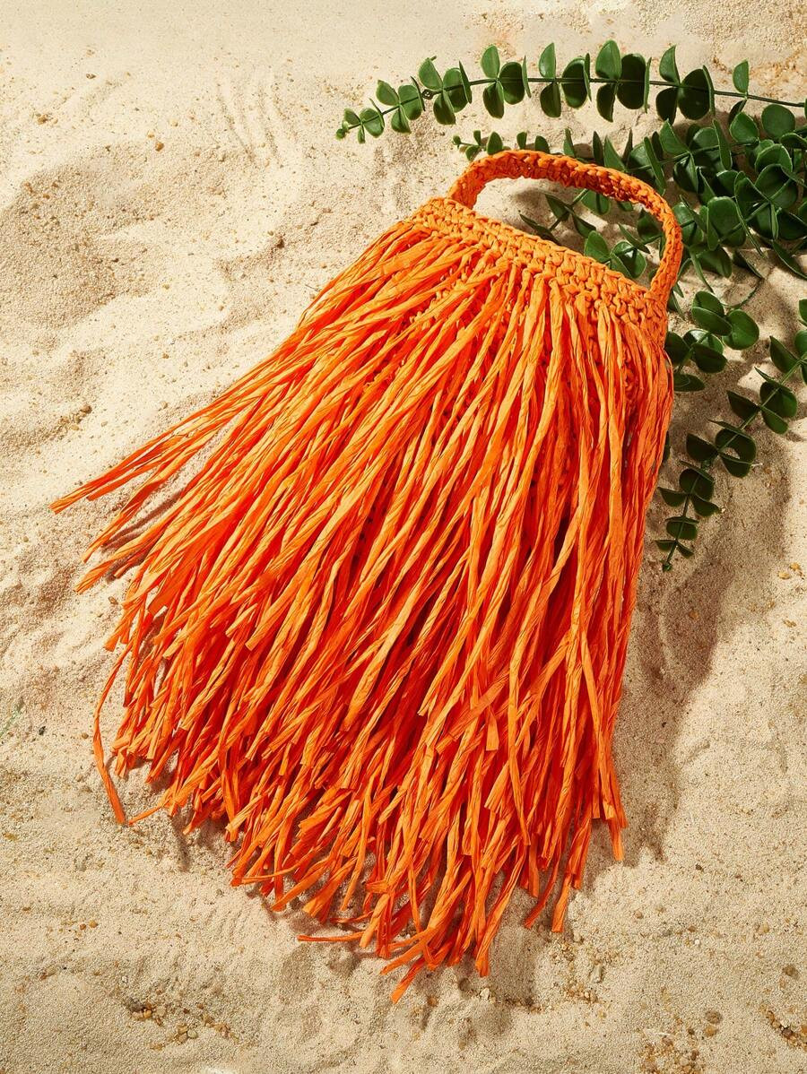 SHEIN SXY Women's Fashionable Summer Vacation Woven Straw Tassel Handbag, Top Handle, Suitable Fo... | SHEIN