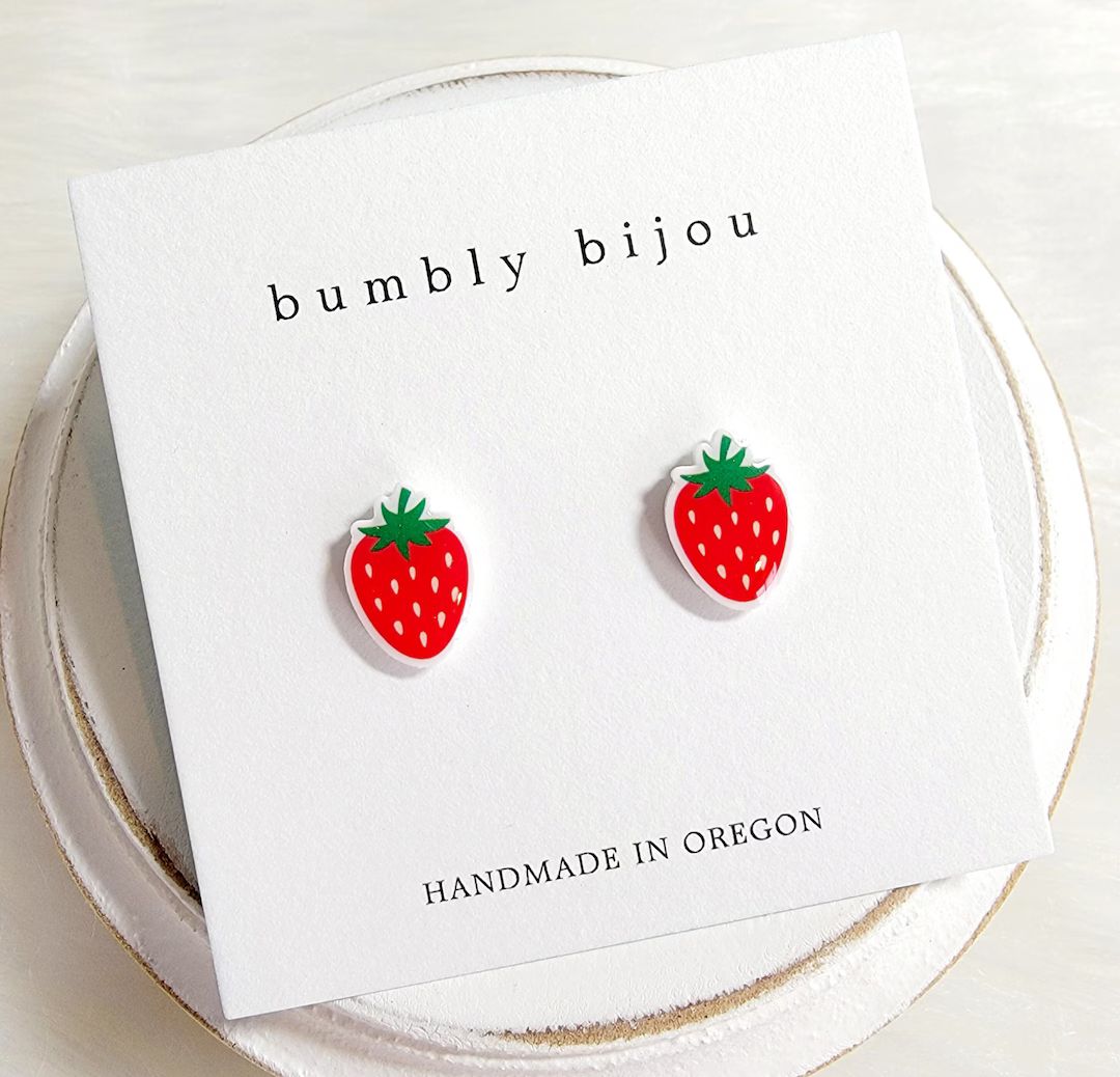 STRAWBERRY Earrings / Hypoallergenic Titanium Posts / Summer Strawberries Small Stud Earrings Kid... | Etsy (US)