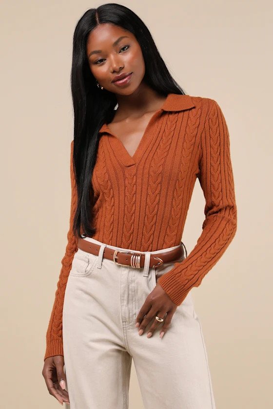 Seasonal Classic Rust Brown Cable Knit Collared Sweater Top | Lulus