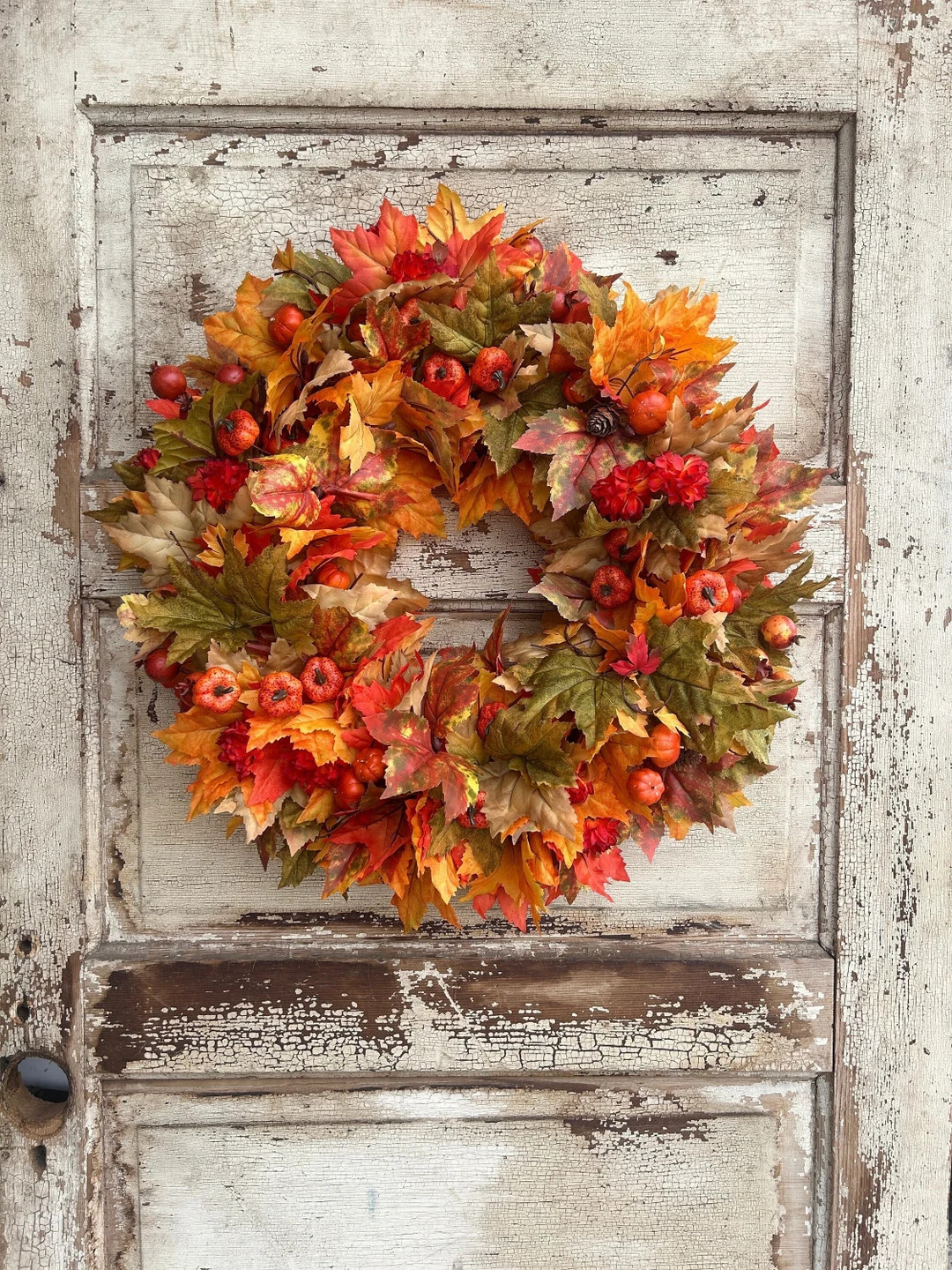 Burnt Orange Fall Wreath With Pumpkins, Fall Leaves Foliage Wreath For Front Door Autumn Housewar... | Etsy (US)