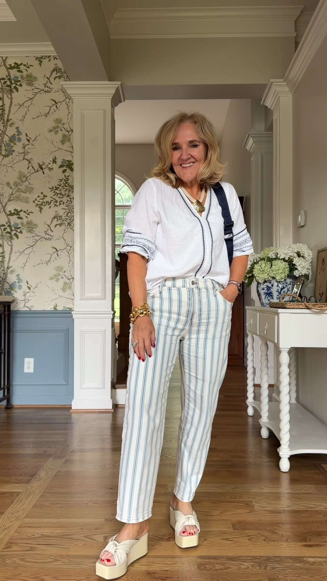 These striped pants are lightweight and perfect for warm weather, while the white blouse keeps the look fresh and timeless. Add your favorite sandals and bag, and you're ready for whatever the day brings. 🫶🏻 

 #LTKootd #LTKSeasonal #LTKSaleAlert