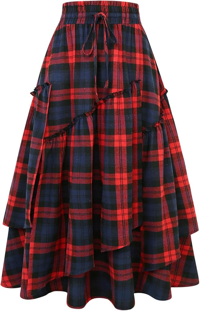 IDEALSANXUN Womens Long Plaid Skirts High Waisted A Line Renaissance Maxi Skirt with Pockets | Amazon (US)
