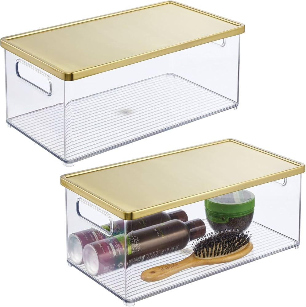 mDesign Plastic Bathroom Storage Organizer Bin - Stackable Box with Handles and Steel Lid - Perfe... | Amazon (US)