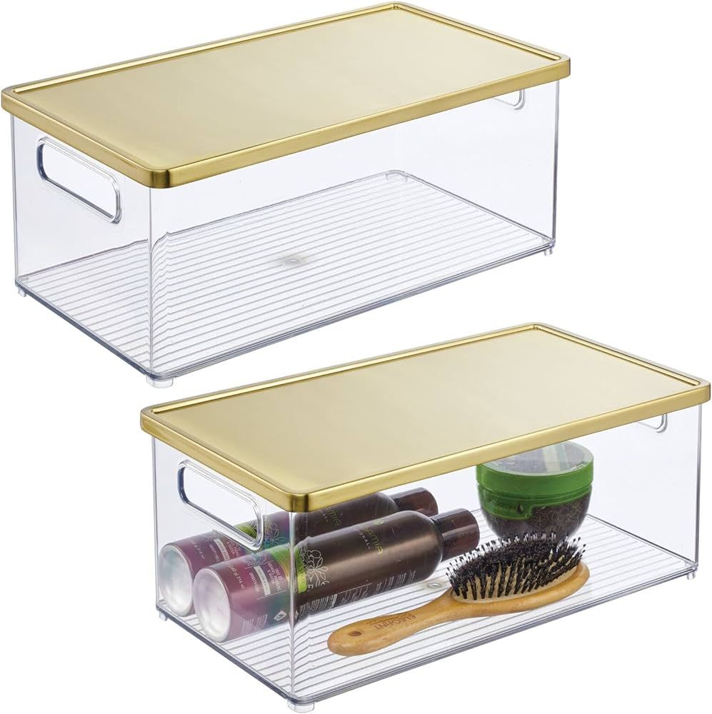 mDesign Plastic Bathroom Storage Organizer Bin - Stackable Box with Handles and Steel Lid - Perfe... | Amazon (US)