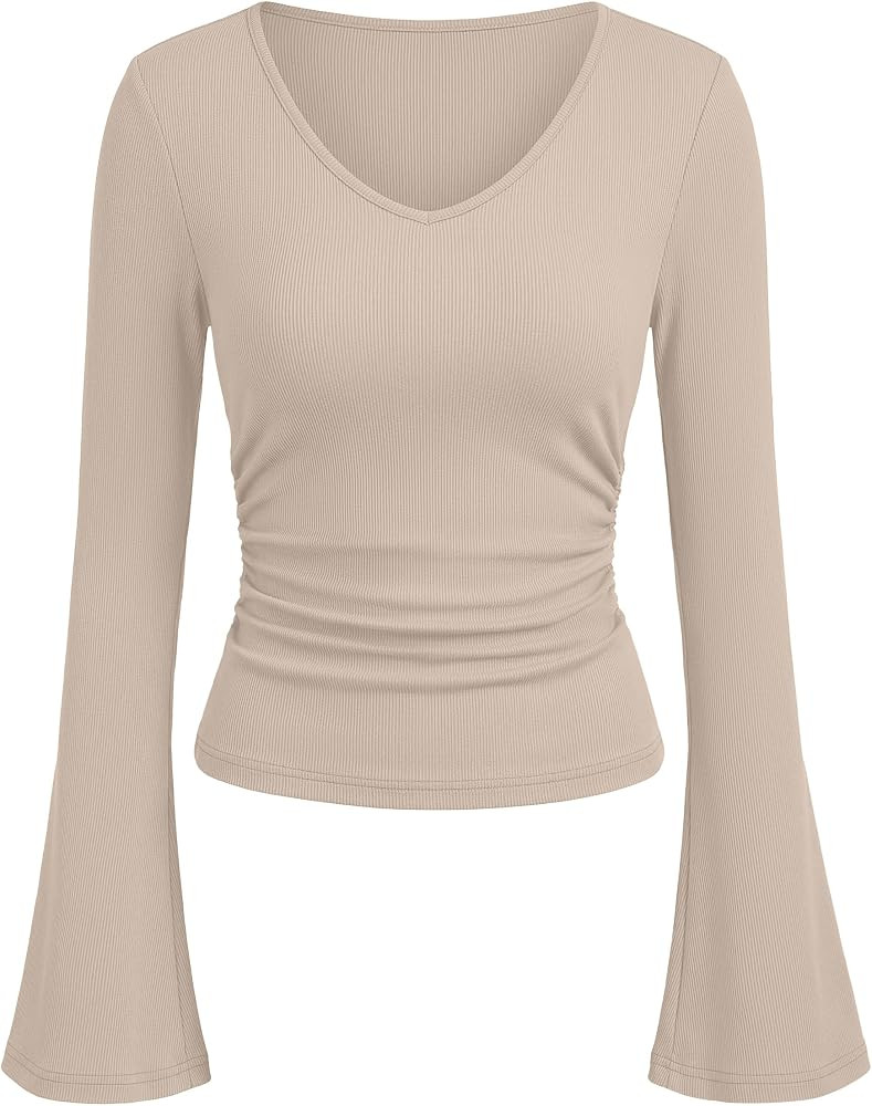 ANRABESS Womens Bell Long Sleeve Shirts V Neck Crop Top | Amazon (US)