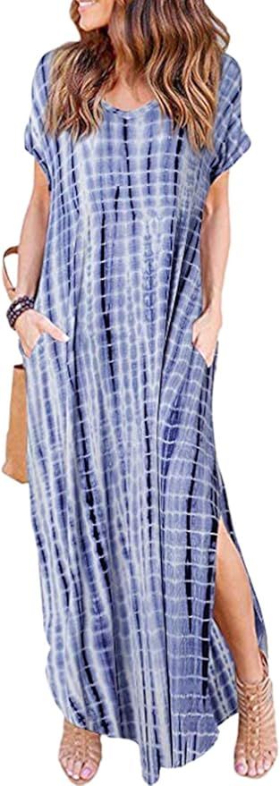 Women Summer Casual Maxi Dress Loose Pockets Short Sleeve Split Boho Dresses | Amazon (US)