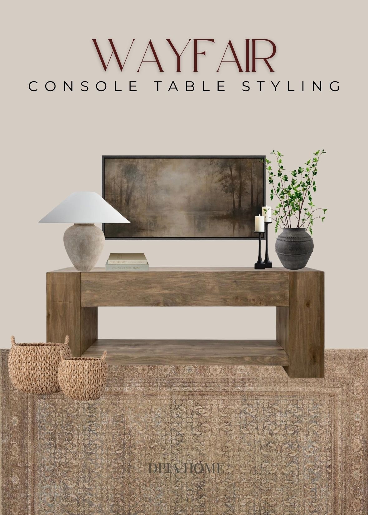 Cozy, earthy Wayfair home finds. Console table styling. 

area rug | console | sideboard | lamp | moody wall art | vase | spring refresh | branches | greenery | candle sticks | basket | books | interior styling

#LTKdayinmylife #LTKSaleAlert #LTKHome