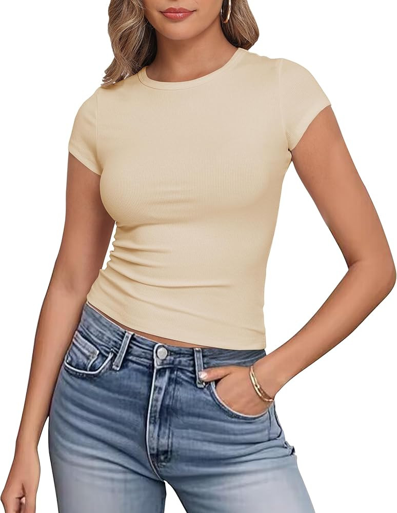 Artfish Women's Short Sleeve Shirts Crewneck Cropped Workout Slim Fitted Ribbed Casual Basic T-Sh... | Amazon (US)