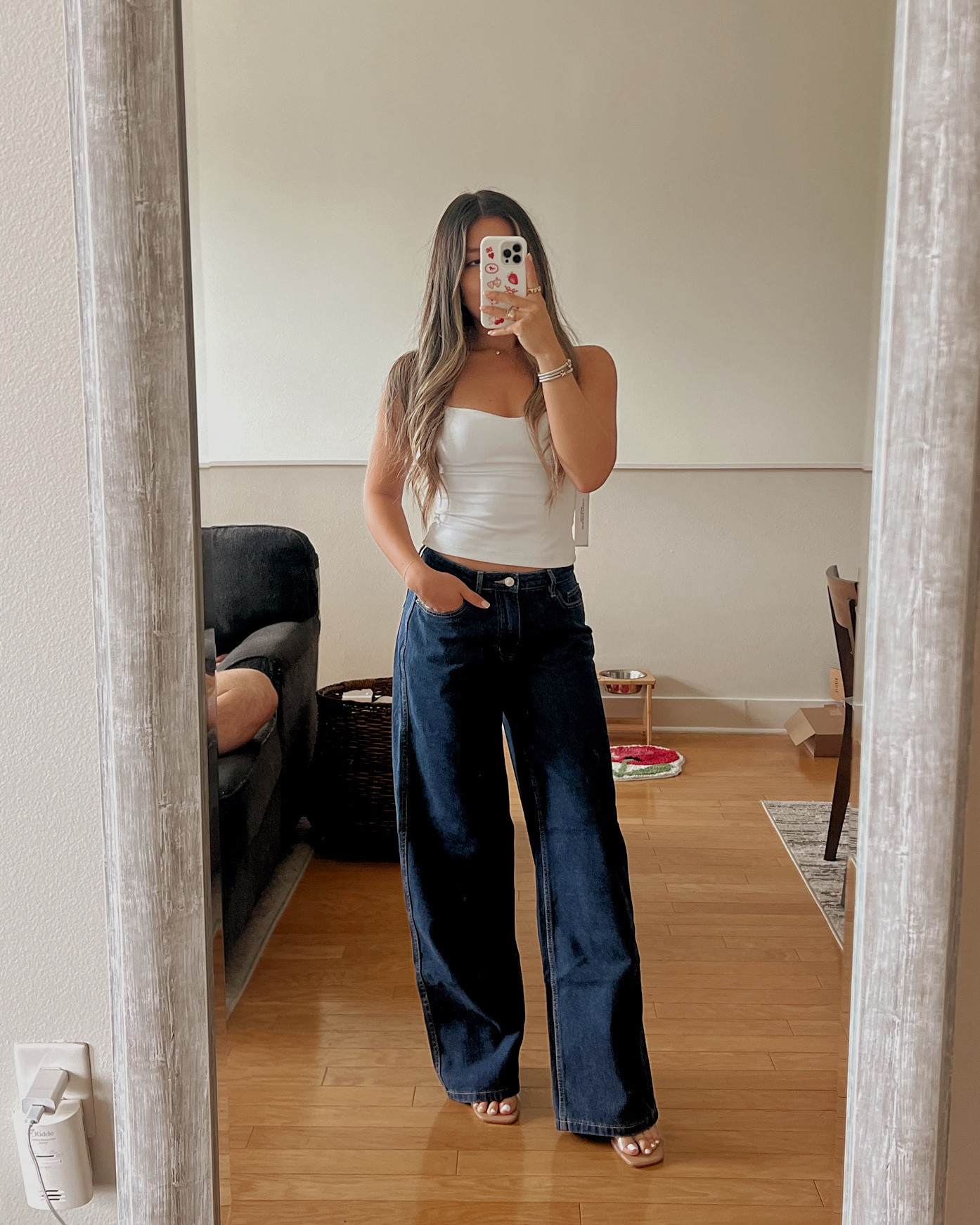 princess polly low rise dark jeans 3 ways size 4, tops all size 4