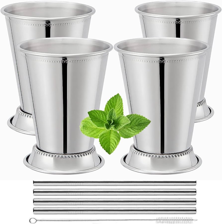 Mint Julep Cups Set of 4 with Straws - Polished Inside - 12oz Commercial Grade - Stainless Steel ... | Amazon (US)