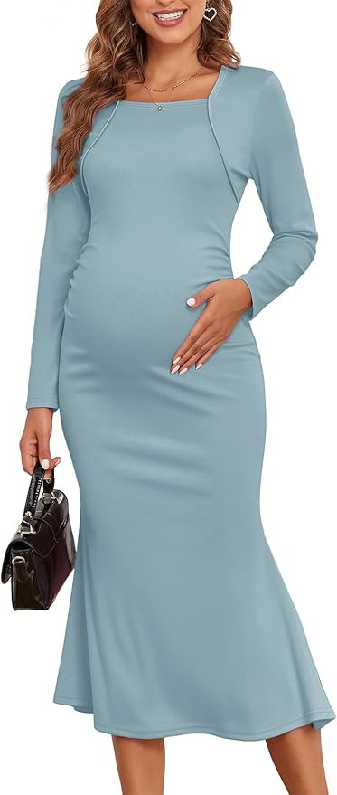2025 Fall Maternity Dress Faux Two-Piece Long Sleeve Square Neck Mermaid Bodycon Pregnancy Dresse... | Amazon (US)