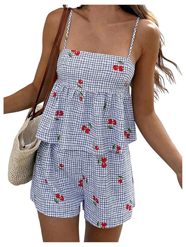 WDIRARA Women's 2 Piece Set Gingham Cherry Print Babydoll Camisole Shorts Set Summer Outfits | Amazon (US)