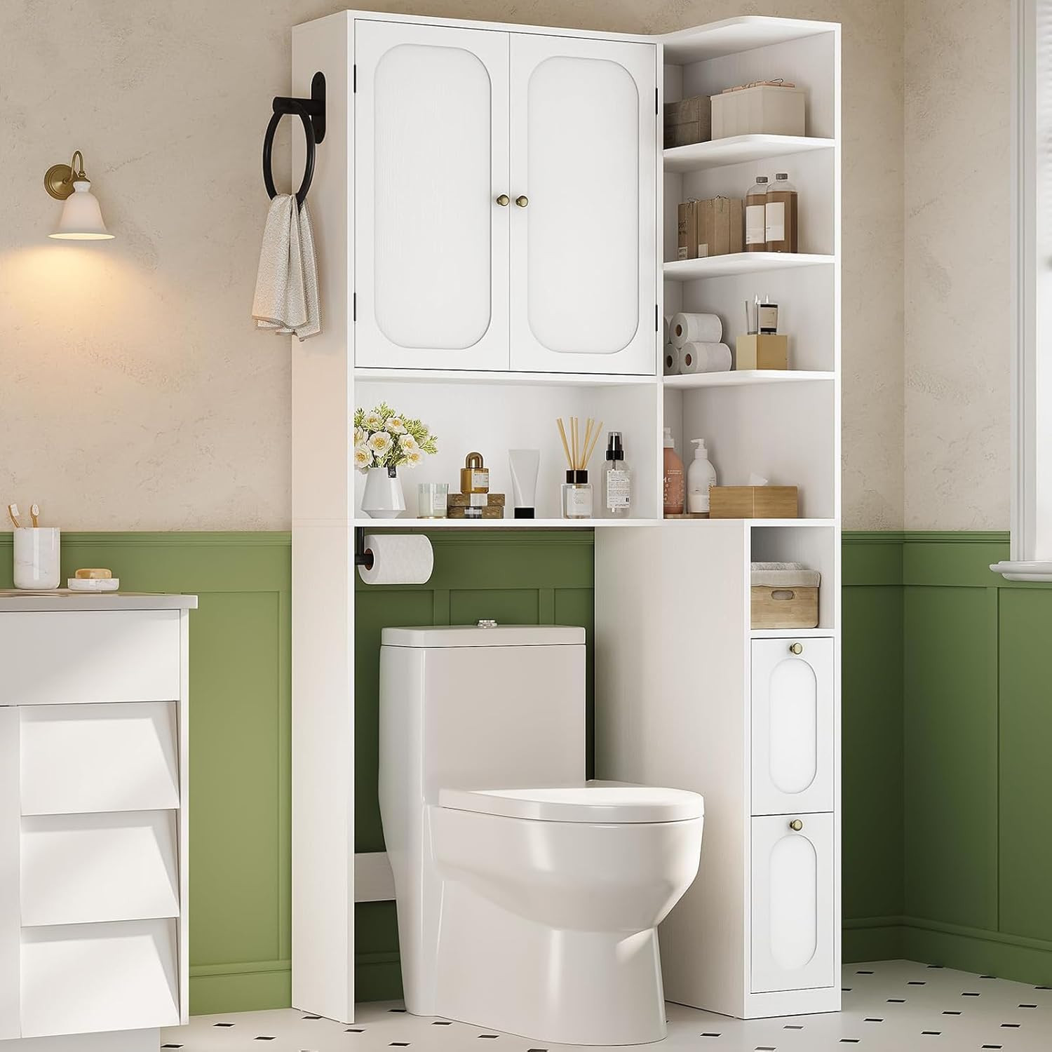7-Tier L-Shaped Wooden Over the Toilet Storage Cabinet with Doors | Amazon (US)