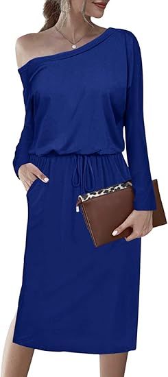 Moyabo Women's Casual Sexy One Shoulde Elastic Waist Long Sleeve Midi Dress with Pockets | Amazon (US)