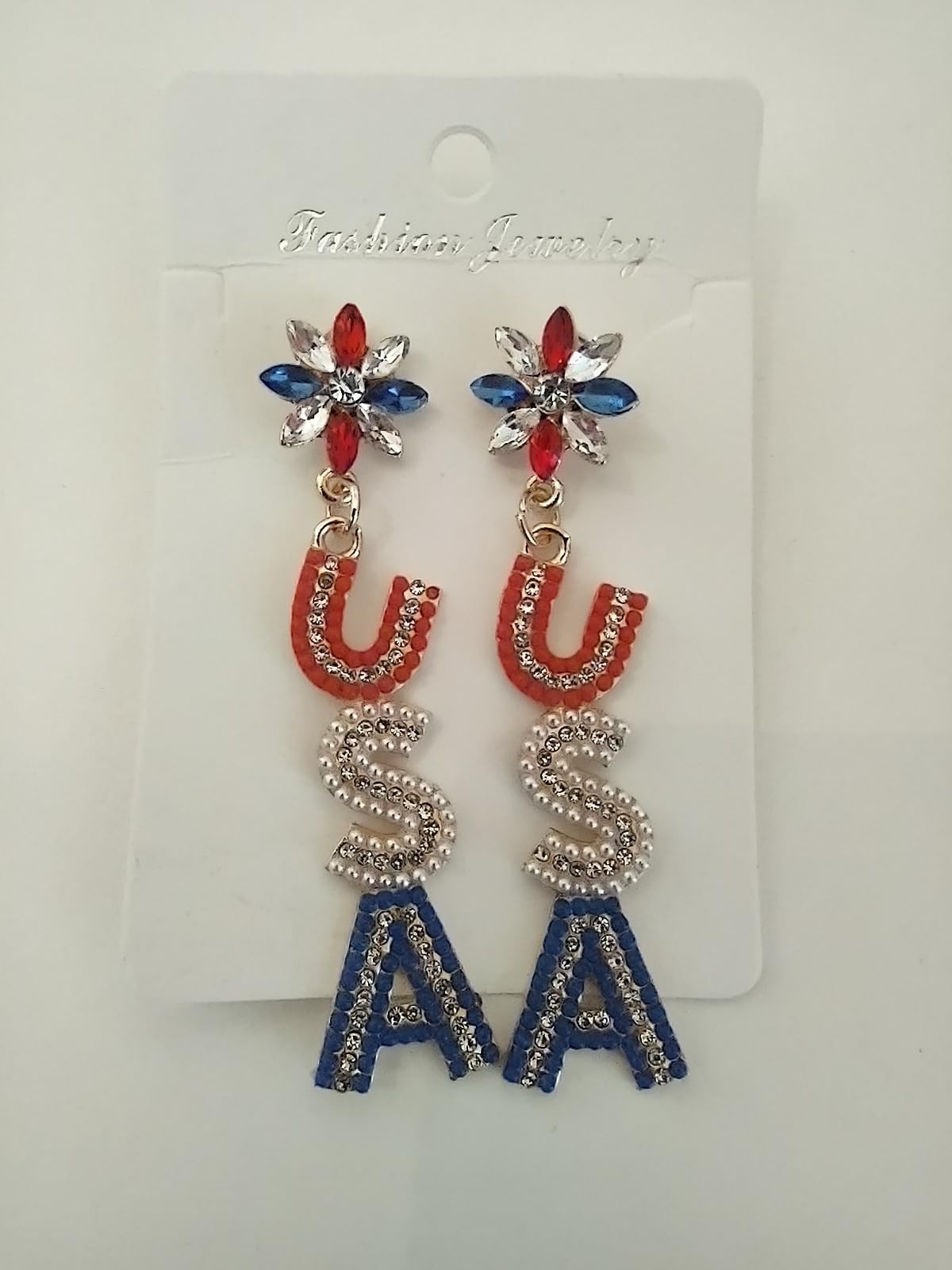 4th of July USA Earrings for Women Long Red White and Blue Star Beaded Rhinestone Flower Stud Ame... | Amazon (US)