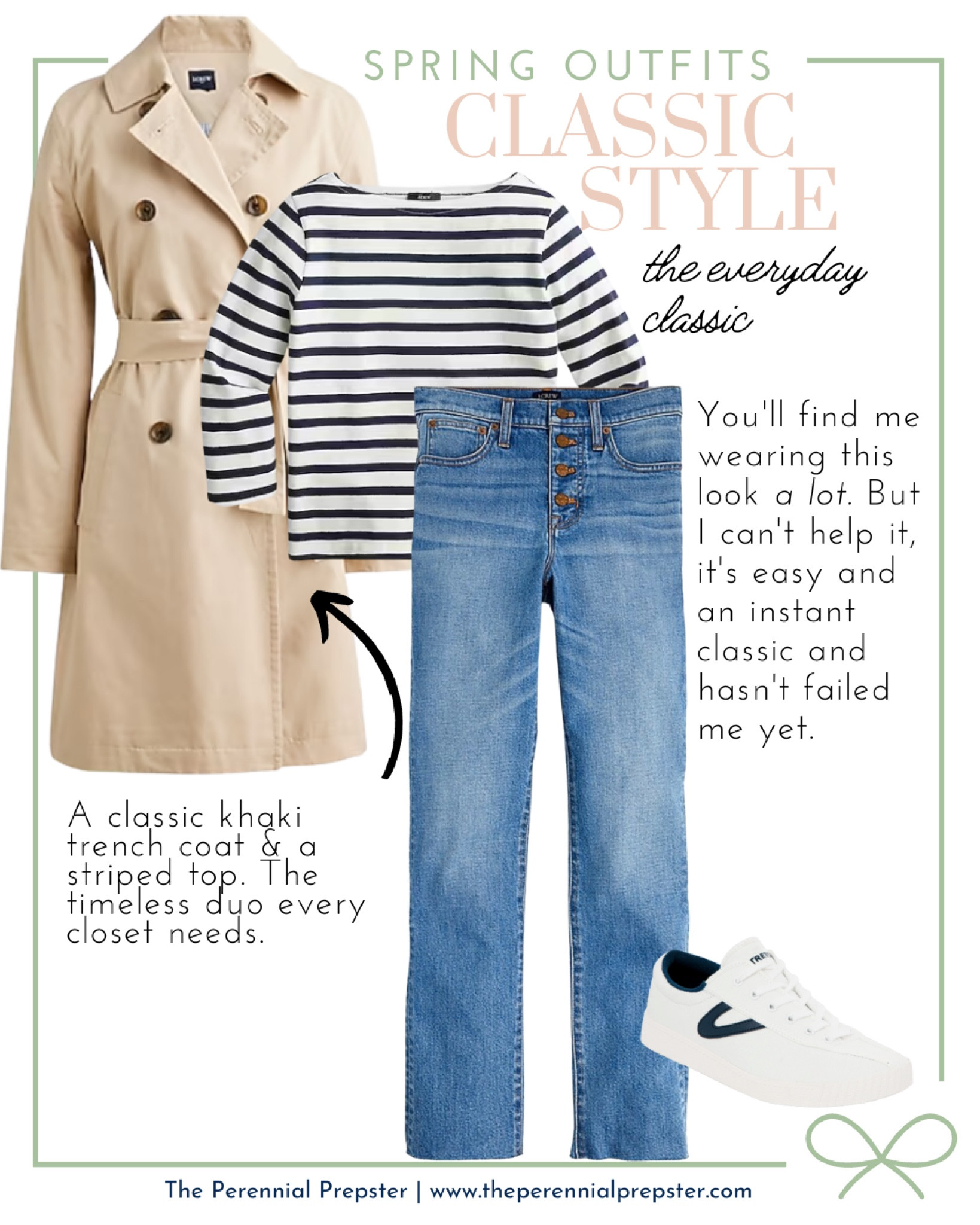 The everyday classic | khaki trench coat, navy and white striped boatneck top, and classic high-rise straight jeans. Paired with classic tretorn sneakers. | preppy style, classic style, everyday look, spring outfit idea, timeless fashion, mom style, New England style, JCrew 

#LTKstyletip #LTKSeasonal #LTKFind