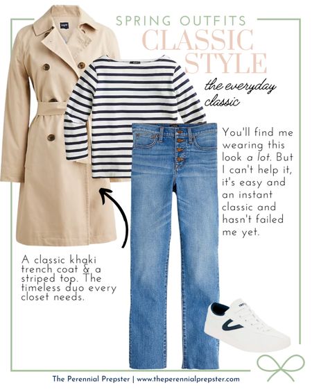 The everyday classic | khaki trench coat, navy and white striped boatneck top, and classic high-rise straight jeans. Paired with classic tretorn sneakers. | preppy style, classic style, everyday look, spring outfit idea, timeless fashion, mom style, New England style, JCrew 

#LTKstyletip #LTKSeasonal #LTKFind