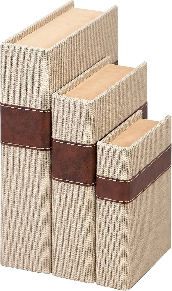 Deco 79 Linen Faux Book Box with Faux Leather Detailing, Set of 3 15", 12", 9"H, Brown | Amazon (US)
