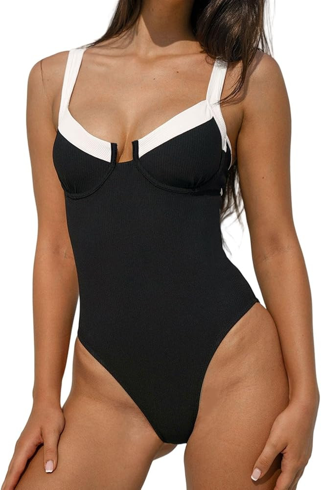 BERLOOK Women's Contrast Trim Knotted Slimming One-Piece Swimsuit Sexy Retro Bathing Suits | Amazon (US)