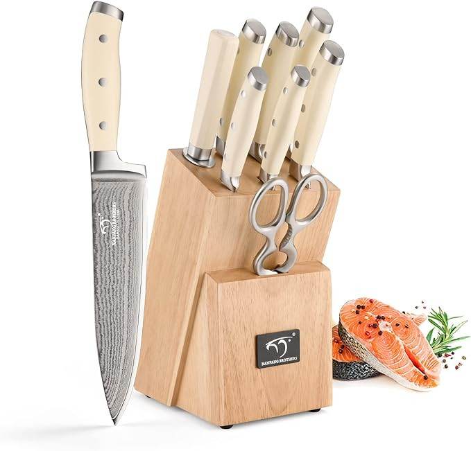 Damascus Kitchen Knife Set, 9 Pieces Knife Set with Block, Knives Set for Kitchen, White ABS Trip... | Amazon (US)