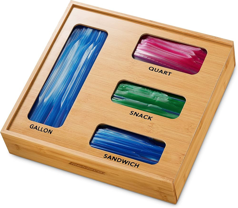 MELDEVO Bamboo Ziplock Bag Drawer Organizer Storage Box Baggie Holder for Kitchen Drawer or Wall ... | Amazon (US)