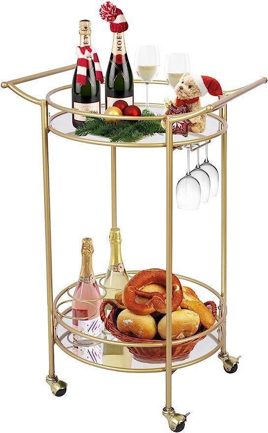 Round Gold Rolling Bar Cart with 2 Mirror Shelves,, Goblet Rack and Lockable Casters, Suitable fo... | Amazon (US)