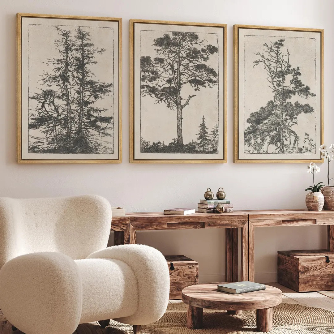 Vintage Tree Sketch Art Set of 3 - Framed Black & Beige Botanical Canvas Prints, Minimalist Fores... | Etsy (US)
