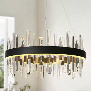 Modern 1-Light Dimmable Integrated LED Plated Brass and Matte Black Crystal Drum Chandelier for Dining Room Bedroom | The Home Depot