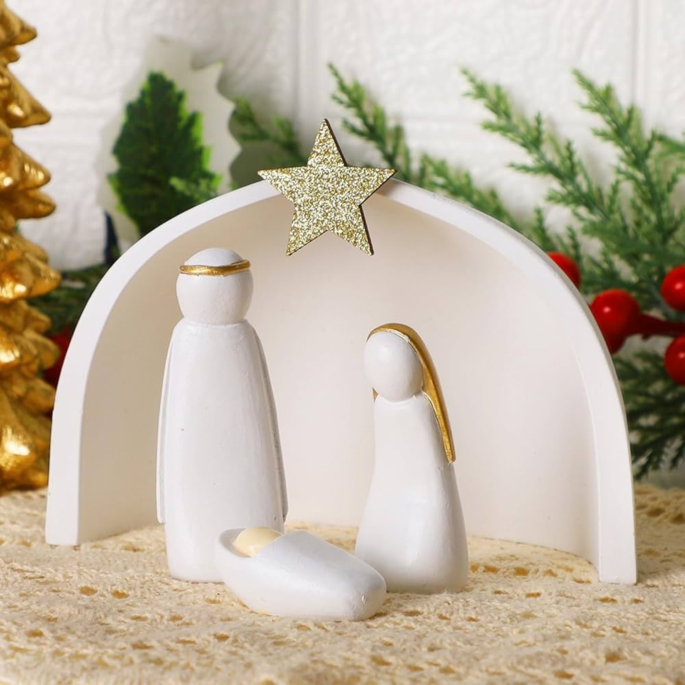 Juegoal Christmas Nativity Sets, Set of 4 White Mini Nativity Scene Resin Figurines, Xmas Holy Fa... | Amazon (US)