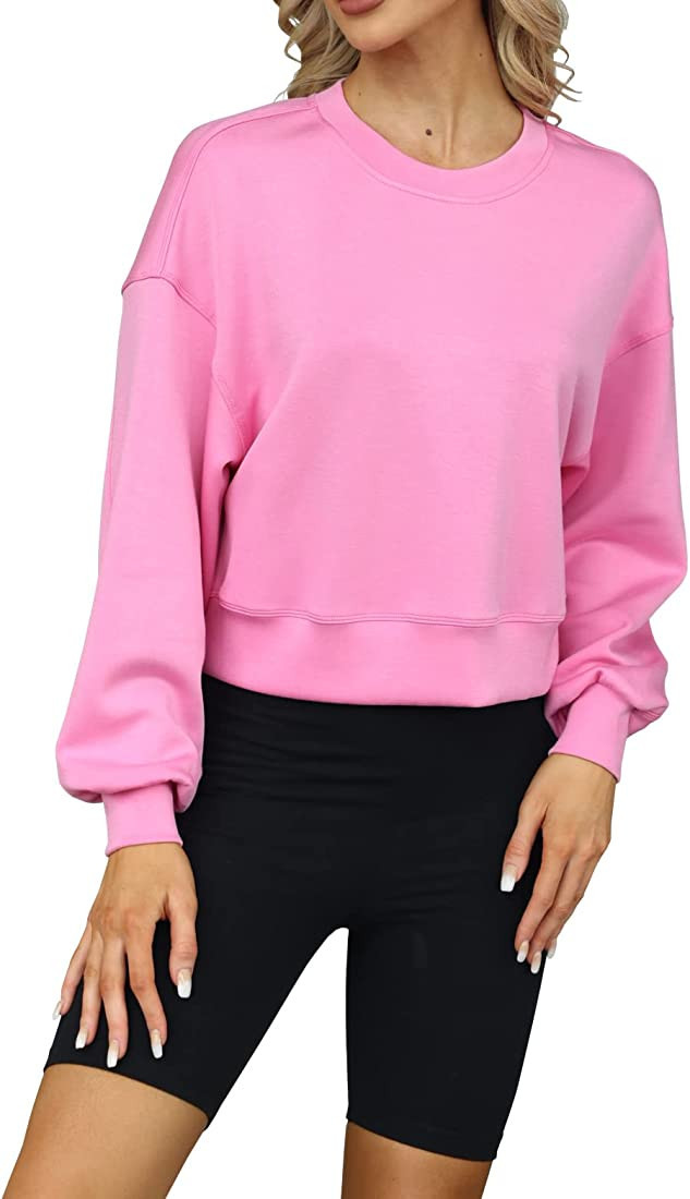 Heltapy Womens Crewneck Crop Sweatshirt Oversized Long Sleeve Tops Athletic Workout Pullover | Amazon (US)