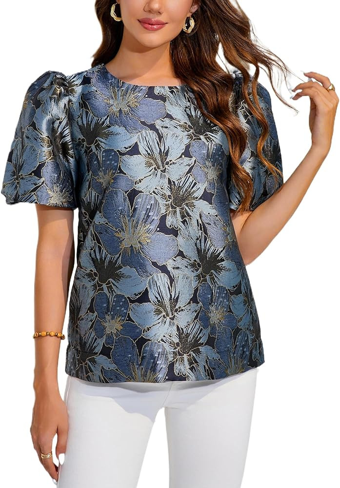 Kedera Women's Floral Jacquard Shirt Crewneck Puff Sleeve Blouse Elegant Work Shift Tops | Amazon (US)