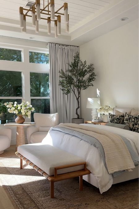 Bedroom, bed, bench, chairs, tree, lighting,vase, florals 

#LTKFamily #LTKHome #LTKStyleTip