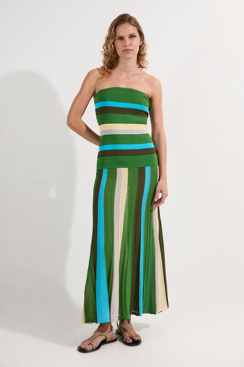 Stripe Striped Bardot Knit Maxi Dress | Karen Millen | Karen Millen UK + IE + DE + NL