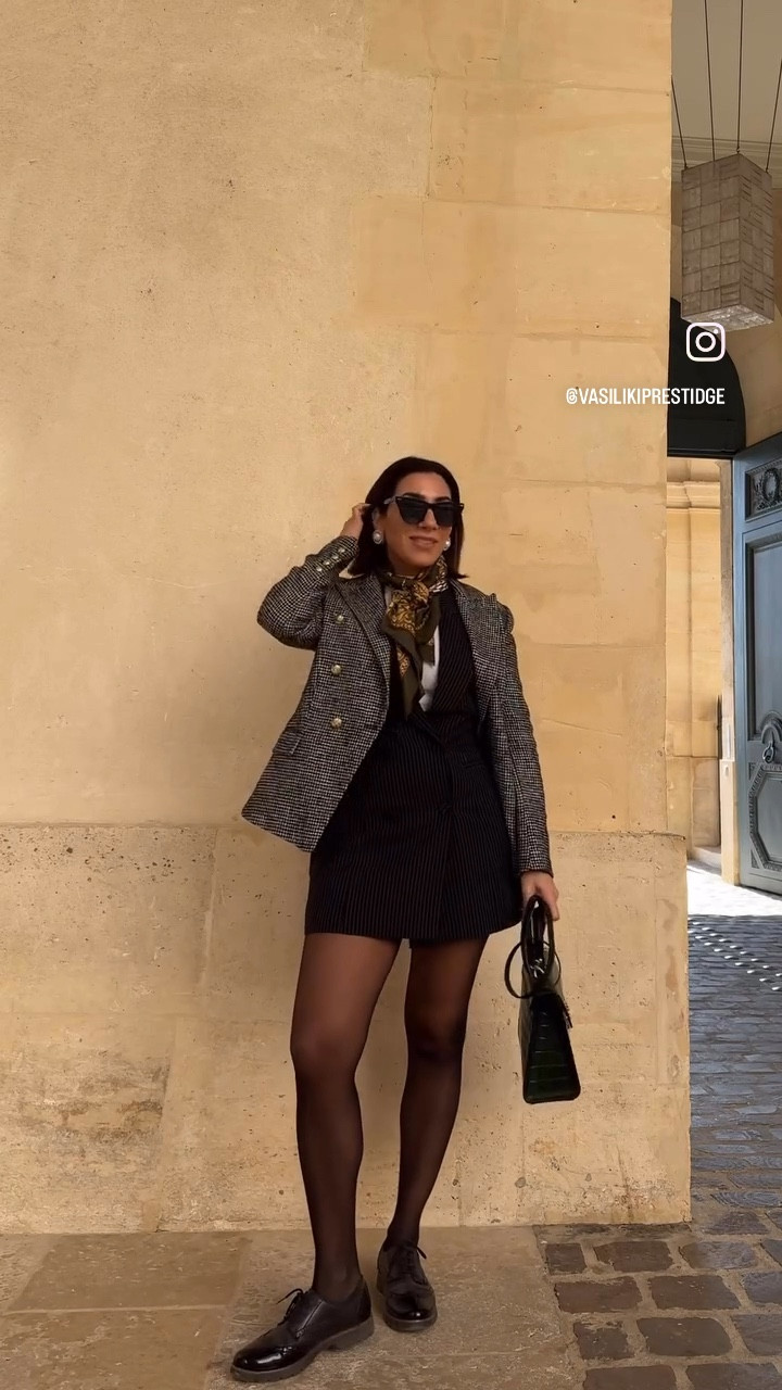 Exploring Paris daytime look 
#paris #blazer #transitioningstyle #dress #blazerdress #scarf #greencrocbag #oxfords #blaxksmartshoes #woolblazer #tweedjacket #vintageearrings 

#LTKtravel #LTKspring #LTKluxury