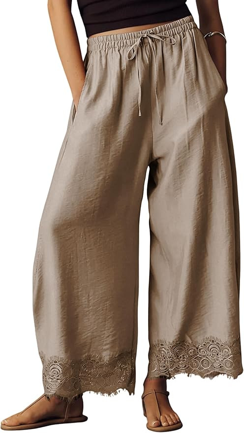 PUWEI Women's Cropped Lace-Hem Pants High Waisted Drawstring Wide Leg Pants Casual Lightweight Tr... | Amazon (US)