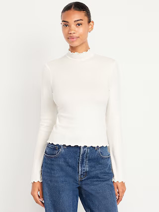 Mock-Neck Lettuce-Edge Rib Top | Old Navy (US)