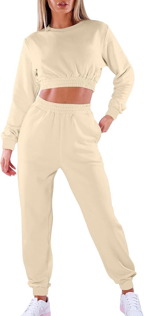 Mokoru Women's Workout 2 Piece Outfits Tracksuit Long Sleeve Crop Tops Joggers Pants Sets Sweatsuits | Amazon (US)