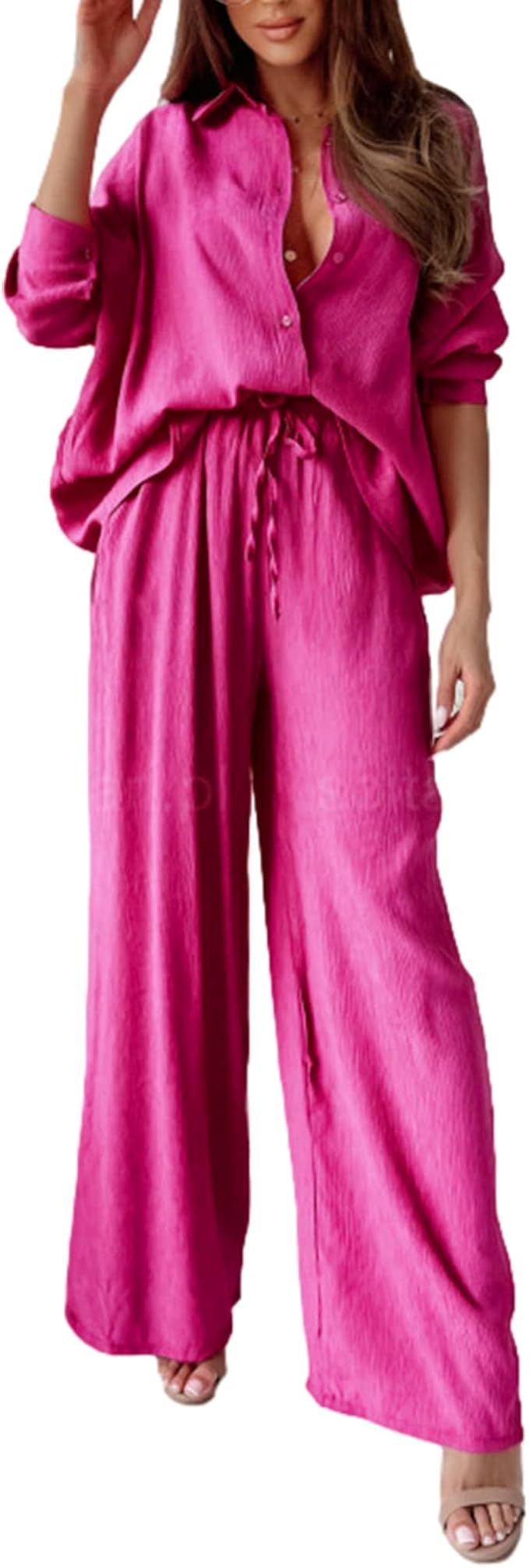 Women 2 Piece Plisse Set Outfit Long Sleeve Button Down Shirts High Waist Long Pants Pleated Casu... | Amazon (US)