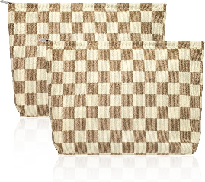 GUOER 2-Piece Cosmetic Bag Checkered Makeup Bag Preppy Cute Corduroy Toiletry Bag for Women Trave... | Amazon (US)