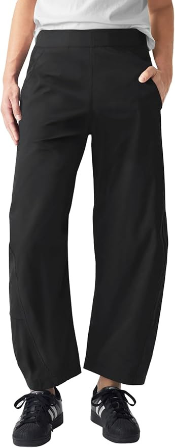 Womens Elastic Waist Ankle Pants Baggy Curved Tapered Leg Barrel Travel Pants with Pockets | Amazon (US)