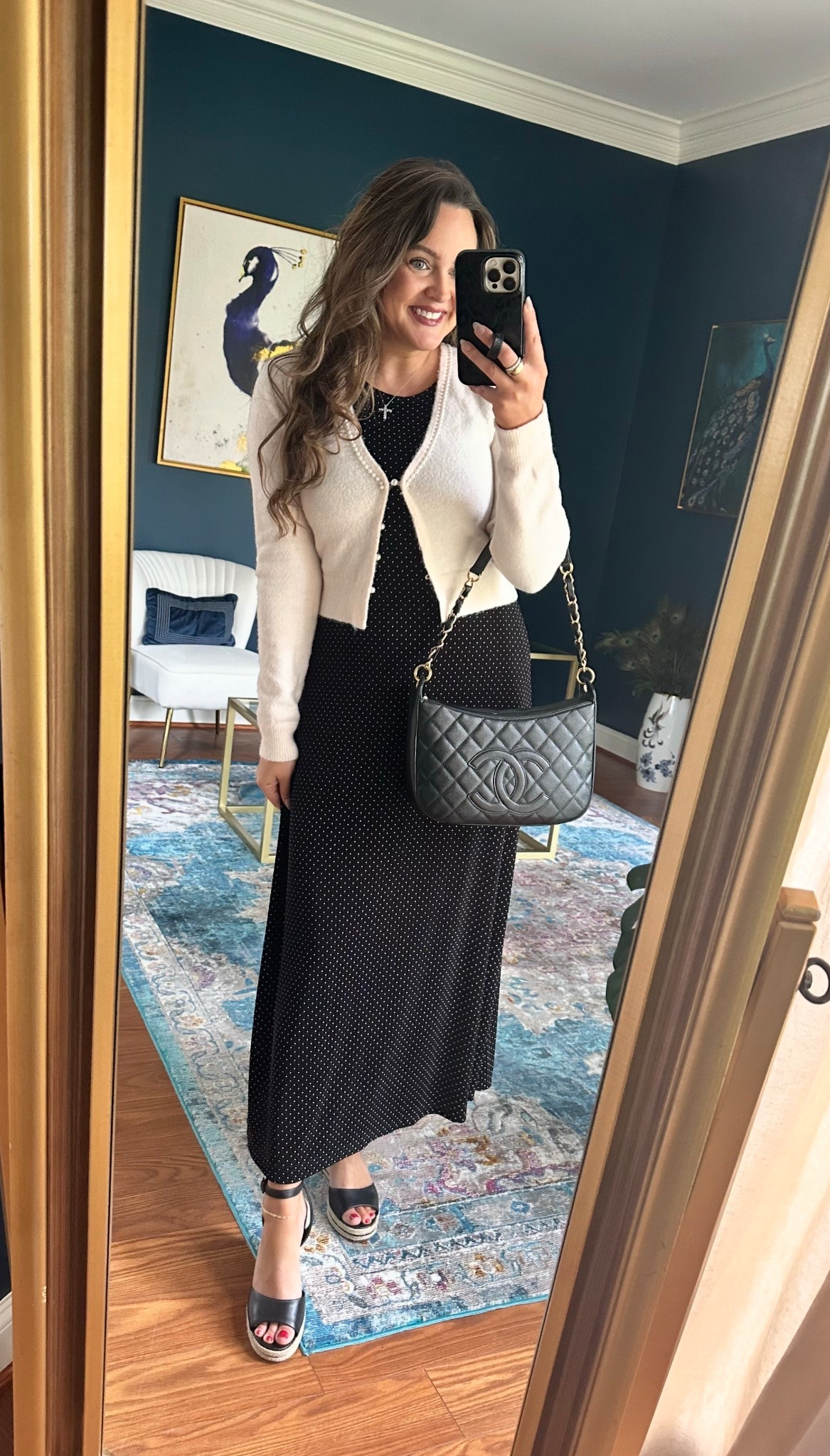 Thanks to my mom for gifting me this vintage polka dot dress 🖤 also loving this pearl trimmed sweater. 🤍I took a size medium

#LTKSaleAlert #LTKdayinmylife #LTKootd