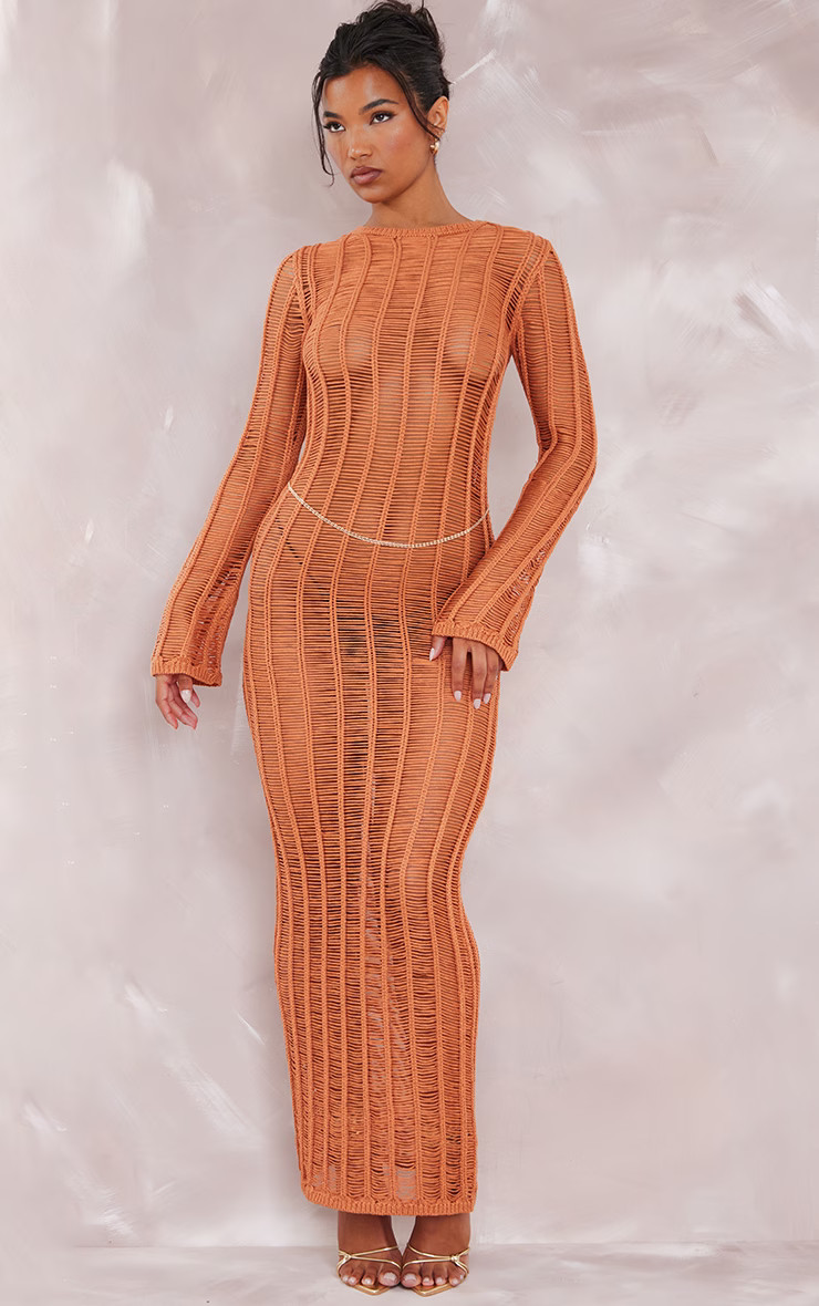 Tan Tassel Knit Open Back Maxi Dress | PrettyLittleThing UK