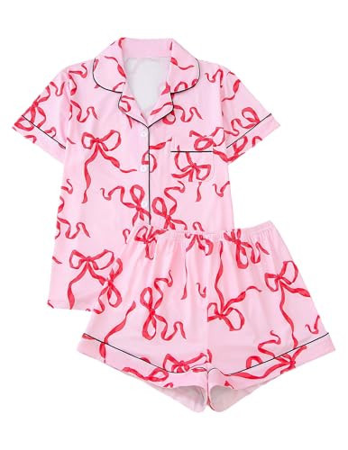 APRTEAK Women's 2 Piece Bow Pajamas Set Pink Pjs Cute Pj Set Summer Coquette Short Sleeve Button Down Lounge Sets Sleepwear | Amazon (US)