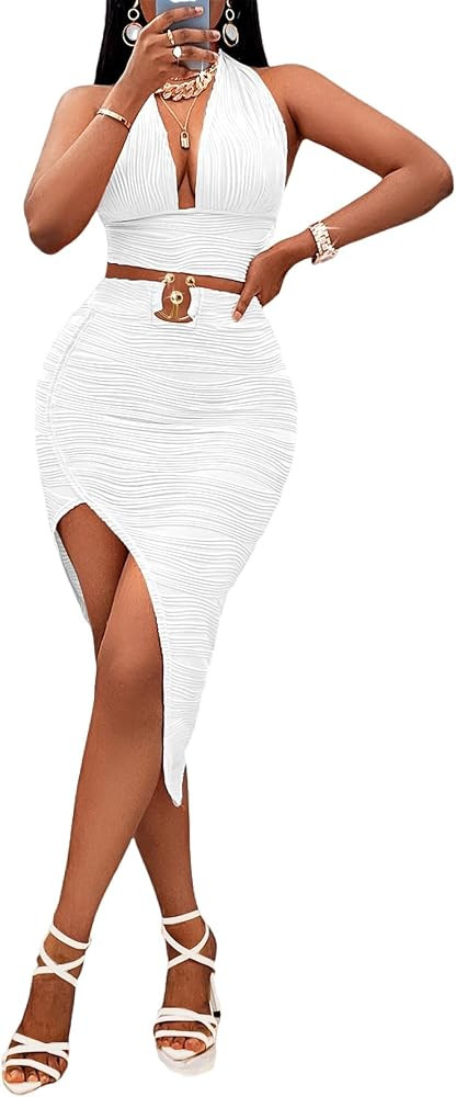 Womens 2 Piece Outfits Sexy Club Outwear Night Out Crop Top and Bodycon Skirt Set Dresses | Amazon (US)