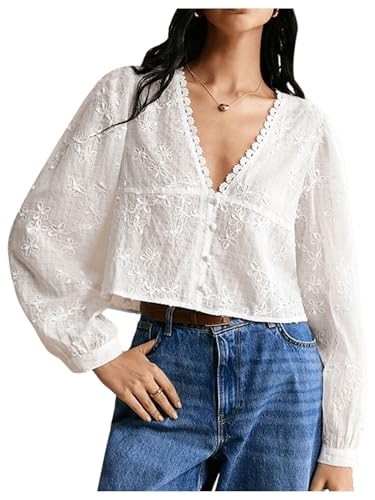 SHENHE Women's Floral Embroidered Long Sleeve Button Crop Blouse Sheer Dressy Top Shirt | Amazon (US)