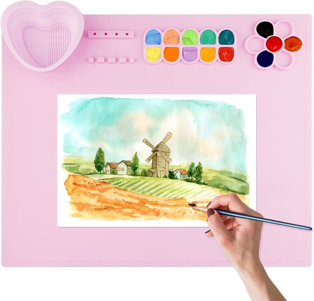 Silicone Art Mat for Crafts Kids: Silicone Painting Mat with Cup and Paint Brush Holder Palette, ... | Amazon (US)